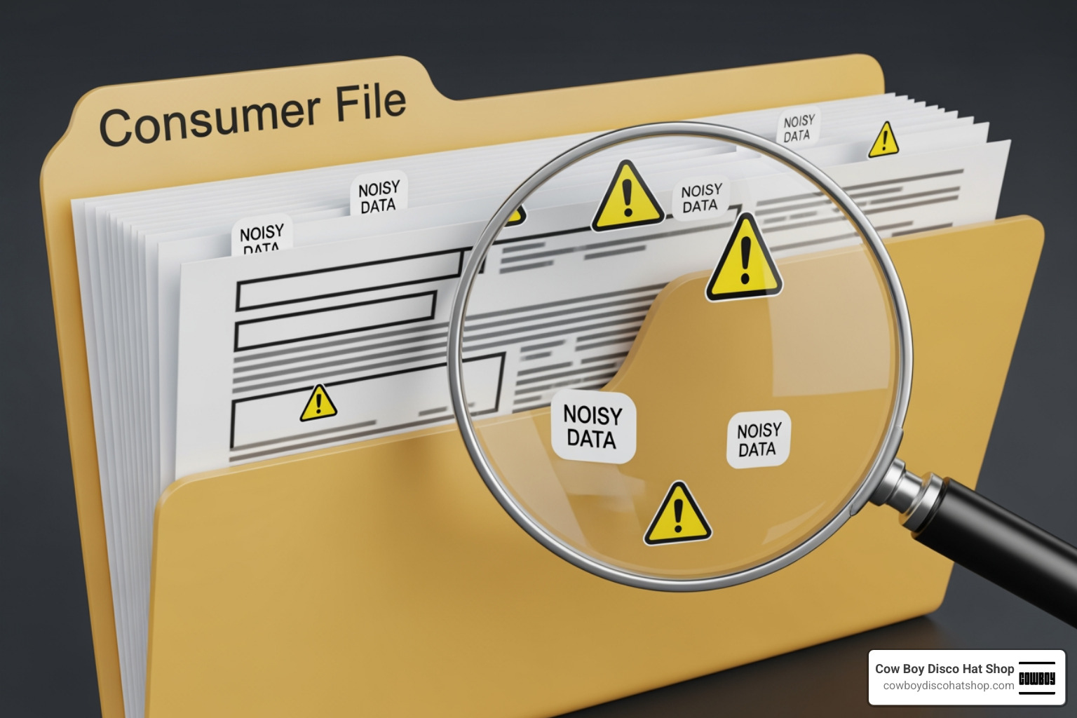 A large magnifying glass hovering over a digital folder labeled "Consumer File," showing missing pages and "Noisy Data" A large magnifying glass hovering over a digital folder labeled "Consumer File," showing missing pages and "Noisy Data"