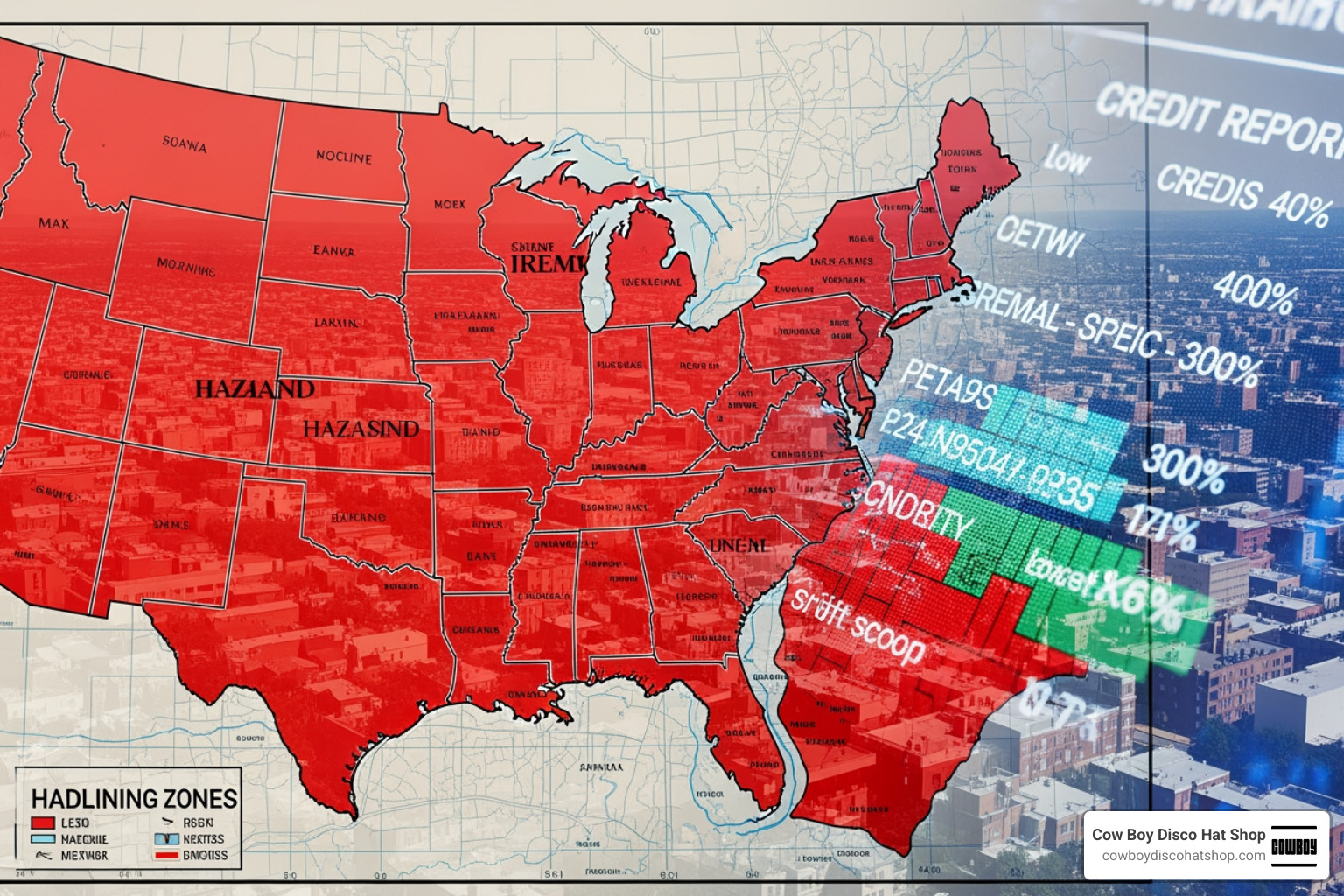 A historical redlining map with vibrant red zones overlaid by a translucent modern digital credit report showing low scores A historical redlining map with vibrant red zones overlaid by a translucent modern digital credit report showing low scores