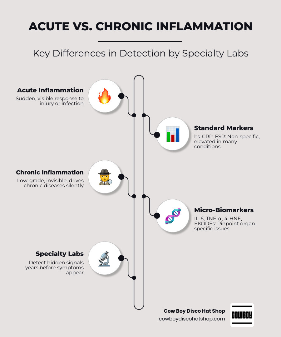 Infographic comparing acute vs chronic inflammation biomarkers and what specialty labs can detect infographic
