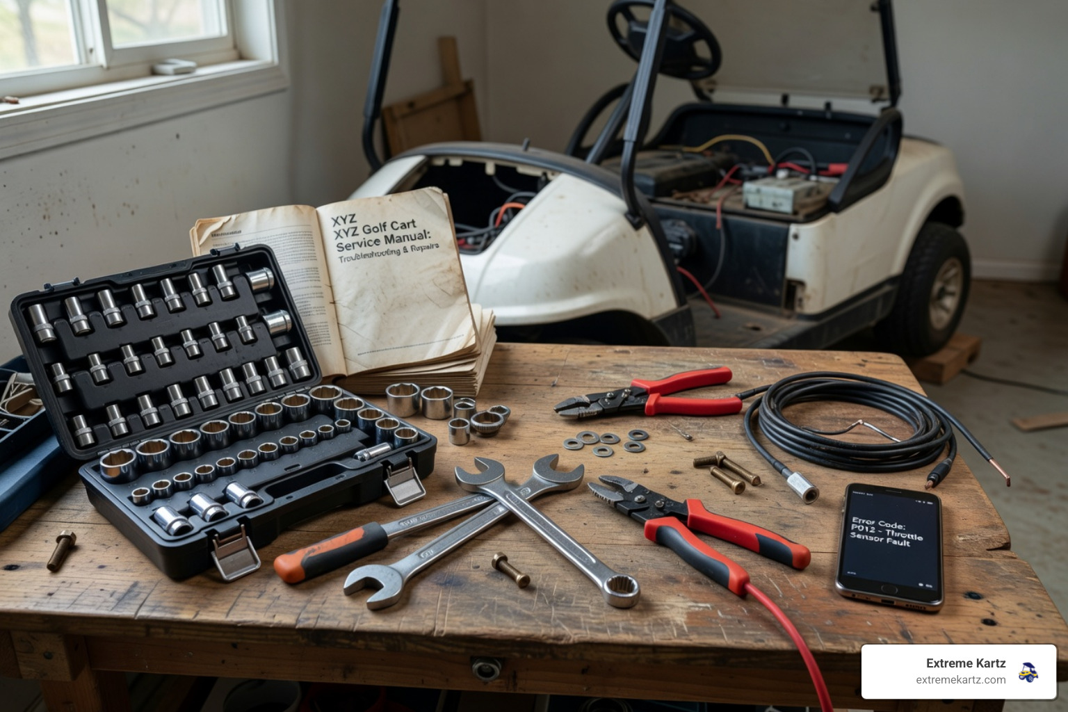 work bench with socket set insulated wrenches wire strippers and phone