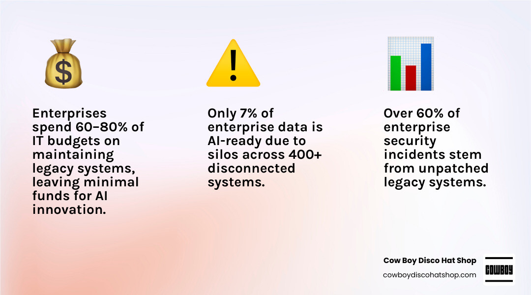 Iceberg of Technical Debt showing visible costs vs hidden legacy infrastructure risks infographic