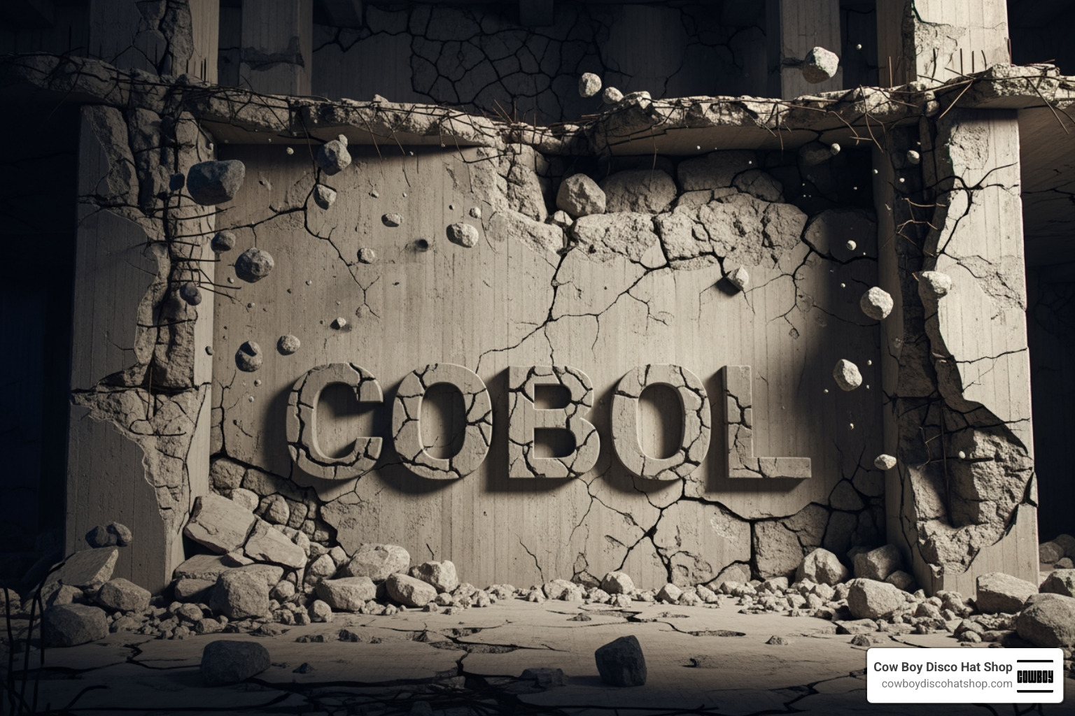 Crumbling architectural foundation labeled COBOL representing legacy systems