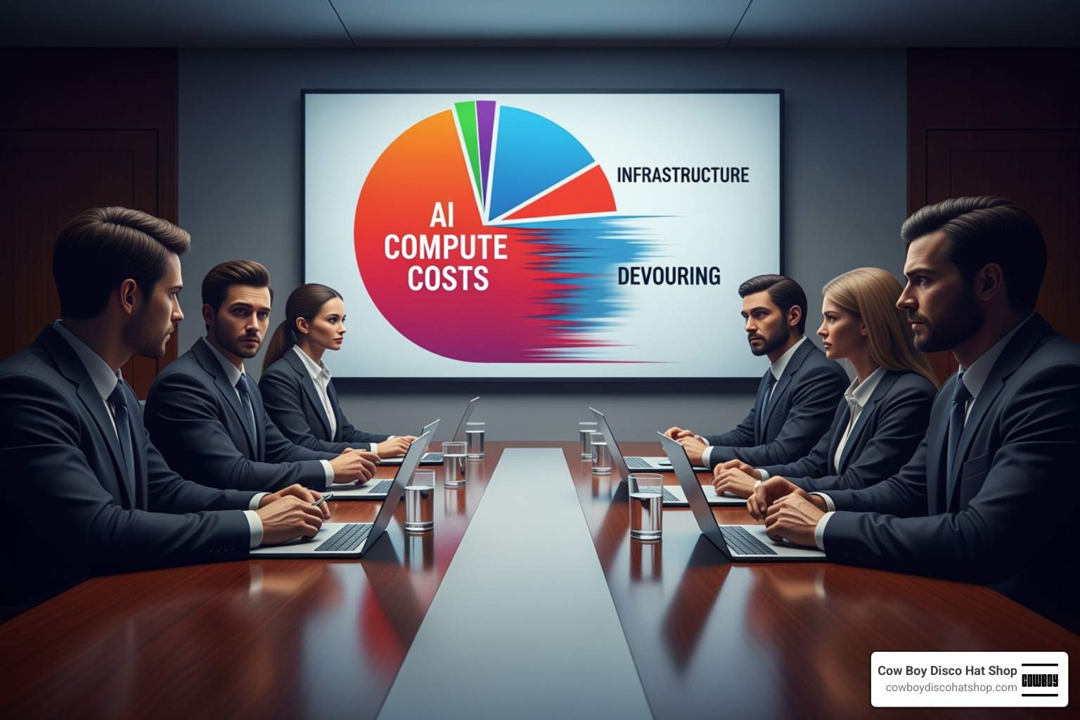 Boardroom where AI compute costs are eating an infrastructure pie chart