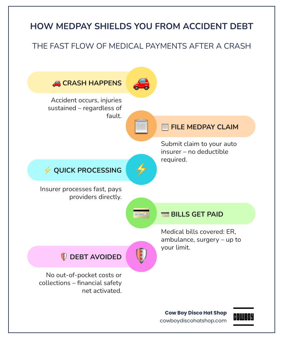Infographic showing flow of medical payments after a car accident from crash to claim to bill payment infographic