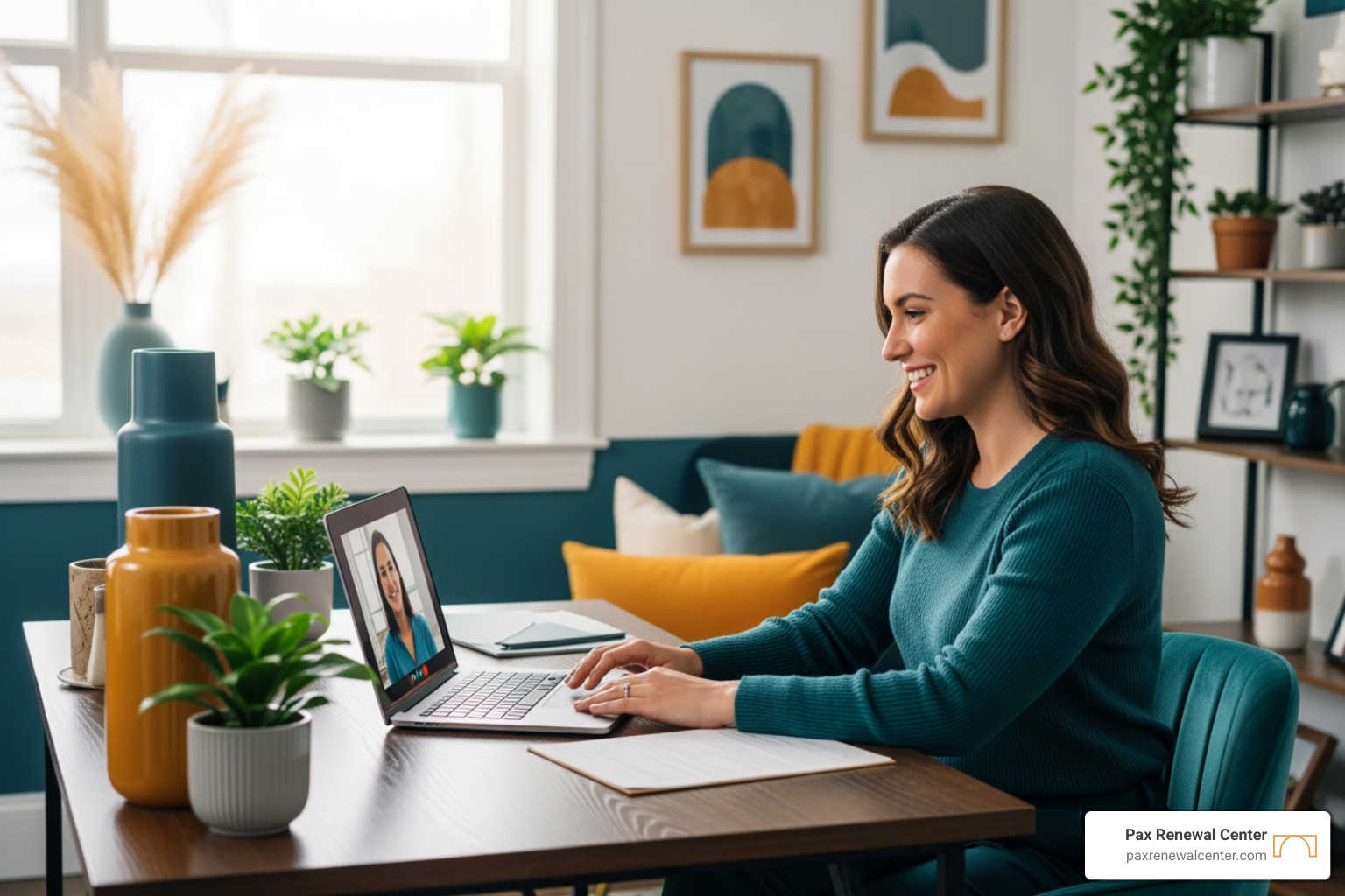A therapist conducting a telehealth session with a client on a laptop