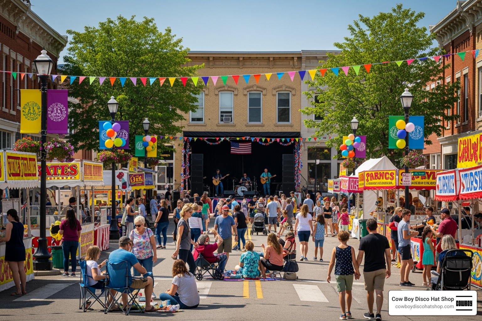 A small-town USA street festival with local food and music