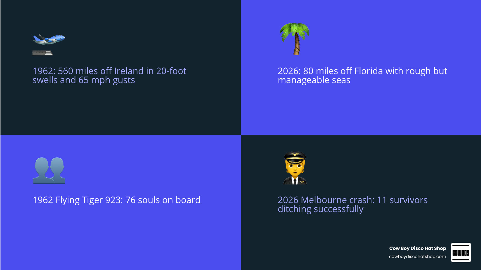 Comparison of 1962 Flying Tiger vs 2026 Melbourne Atlantic Crash infographic