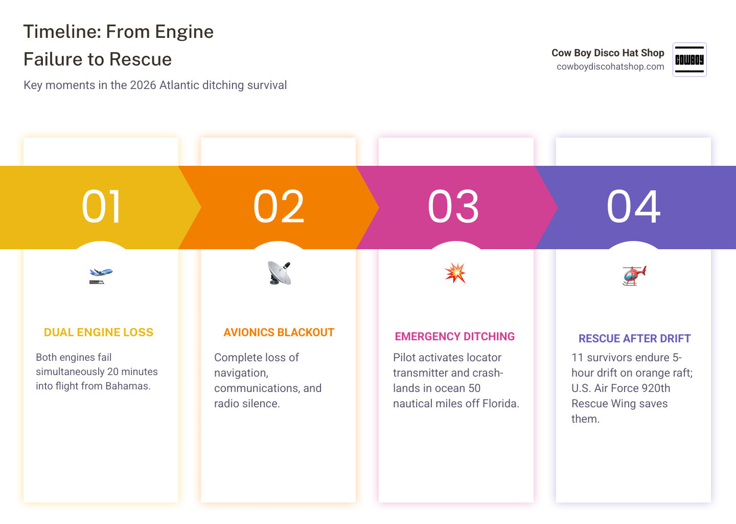 Timeline infographic from engine failure to Atlantic Ocean rescue: dual engine loss, avionics failure, water ditching