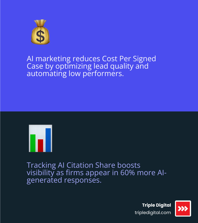 Infographic showing key AI marketing metrics: ROI, Cost Per Case, and AI Citation Share infographic Infographic showing key AI marketing metrics: ROI, Cost Per Case, and AI Citation Share infographic