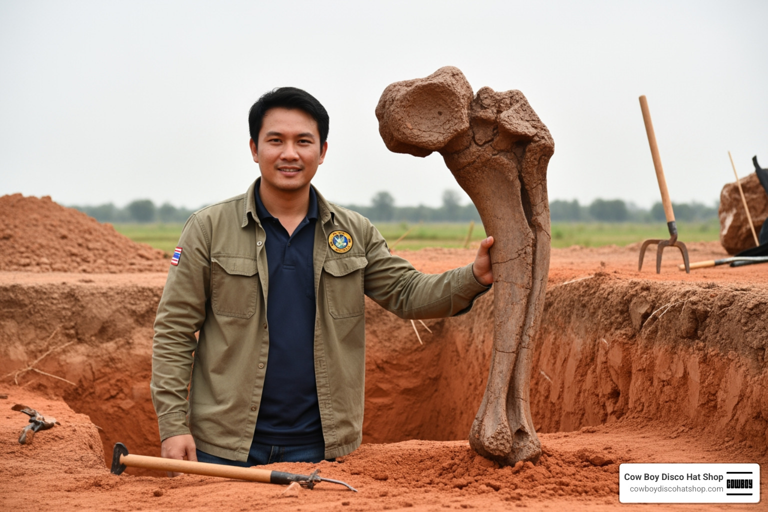 Lead researcher Thitiwoot Sethapanichsakul standing next to the 1.78-meter humerus bone