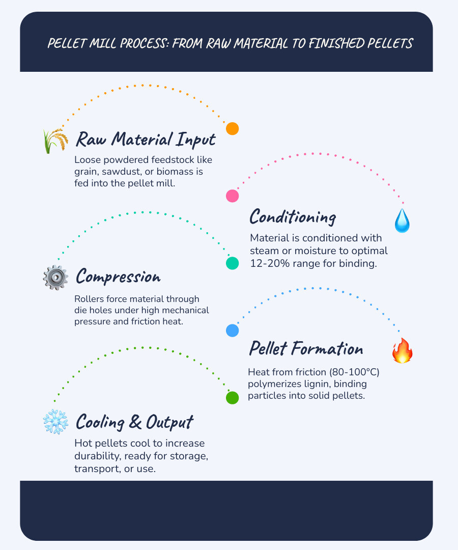 Infographic: pellet mill process from raw material input to finished pellet output Infographic: pellet mill process from raw material input to finished pellet output