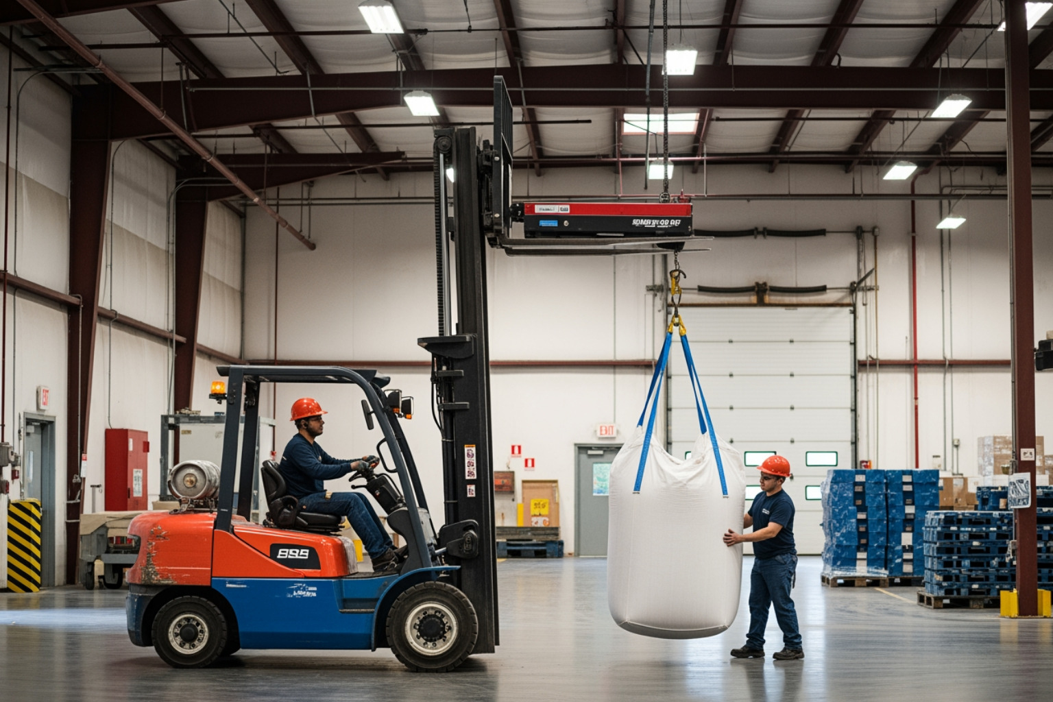 Forklift properly positioned with a bulk bag using a lifting beam Forklift properly positioned with a bulk bag using a lifting beam
