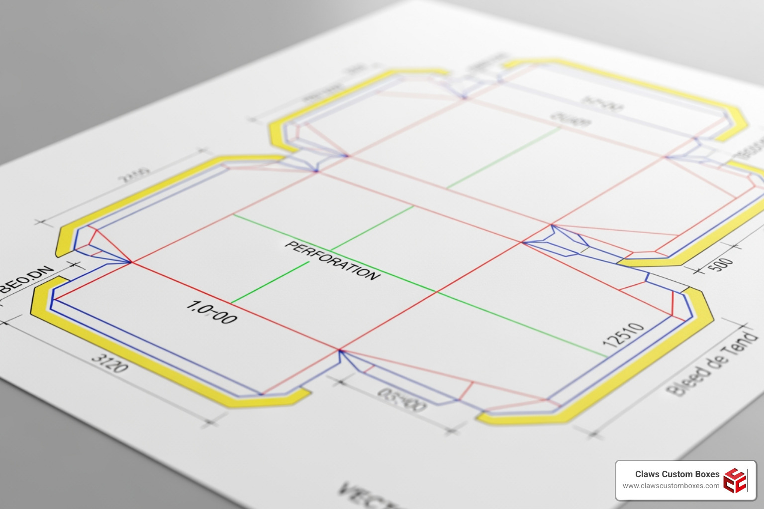 Technical dieline template showing cut lines, fold lines, and bleed zones Technical dieline template showing cut lines, fold lines, and bleed zones