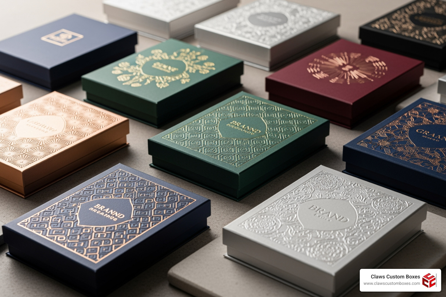 A collection of finished luxury embossed gift card boxes in various colors and styles A collection of finished luxury embossed gift card boxes in various colors and styles