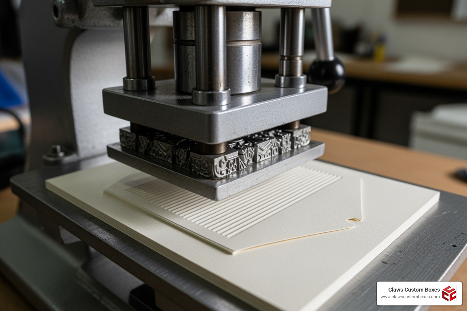 A manual embossing machine applying pressure to a custom gift card holder A manual embossing machine applying pressure to a custom gift card holder