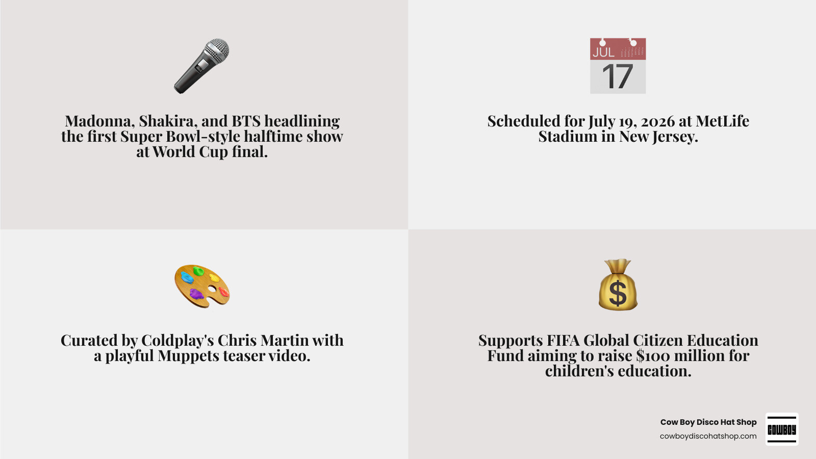 2026 FIFA World Cup halftime show key facts infographic: performers, date, venue, charity goal infographic 2026 FIFA World Cup halftime show key facts infographic: performers, date, venue, charity goal infographic