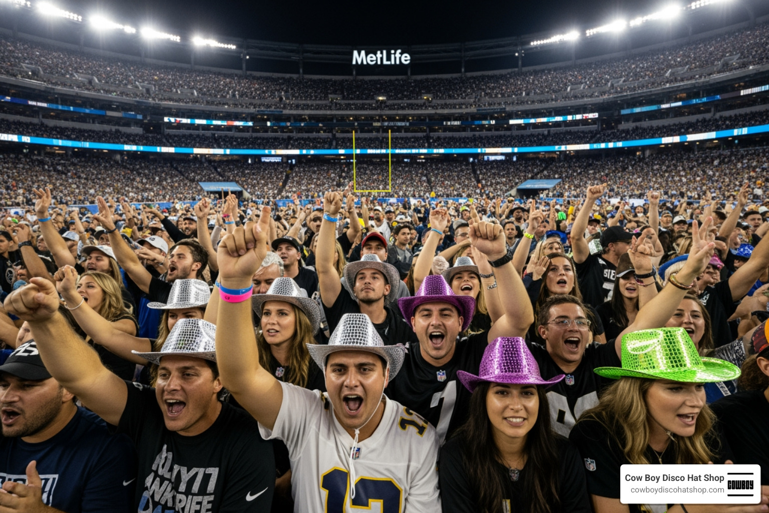 Fans wearing reflective disco cowboy hats under stadium lights at a major sporting event Fans wearing reflective disco cowboy hats under stadium lights at a major sporting event
