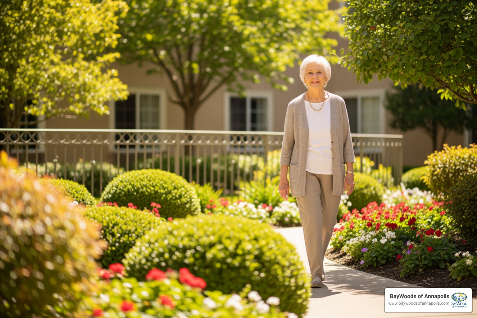 Senior woman walking in a secure, beautiful outdoor courtyard with lush greenery