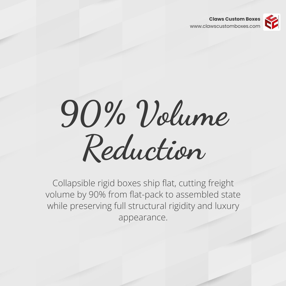Infographic showing 90% volume reduction from flat-packed to assembled collapsible rigid box state infographic