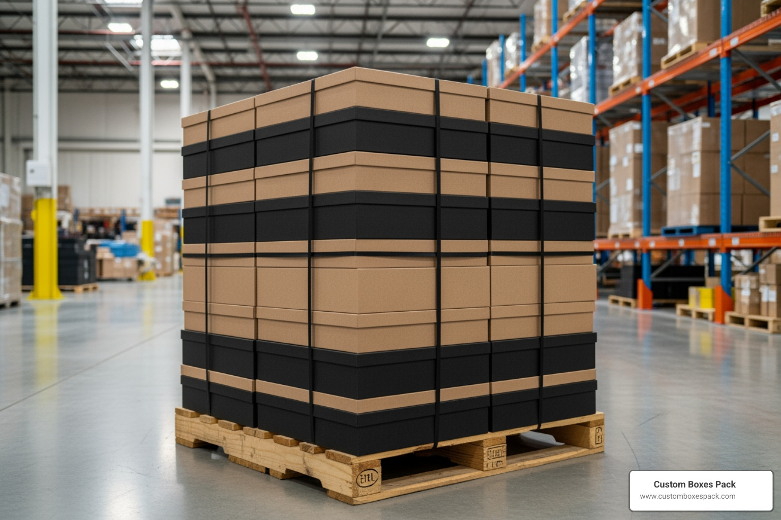 Flat-packed luxury boxes stacked efficiently on a single pallet in a modern warehouse