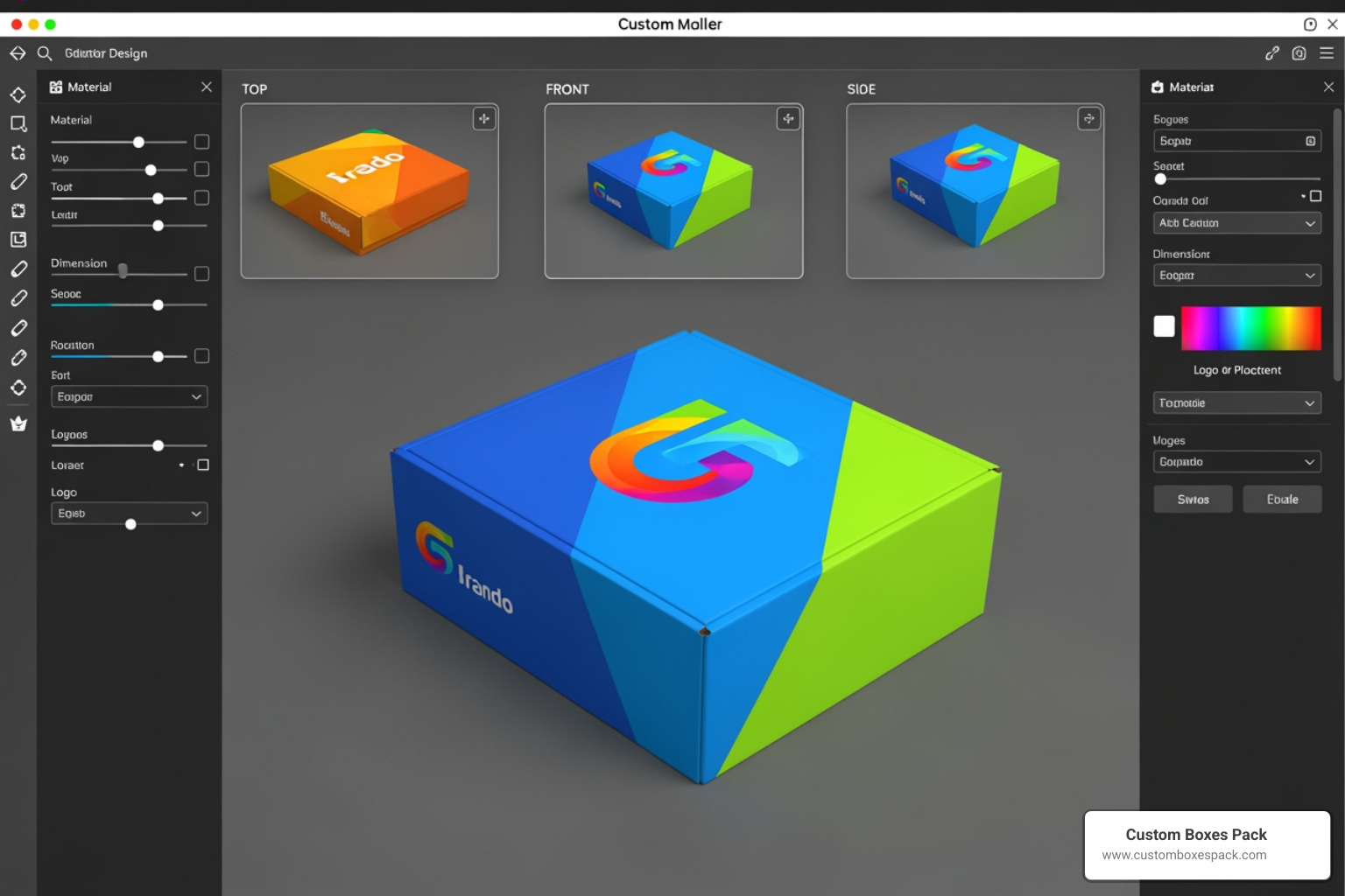 3D box design tool interface showing a custom mailer box being edited with a logo and brand colors