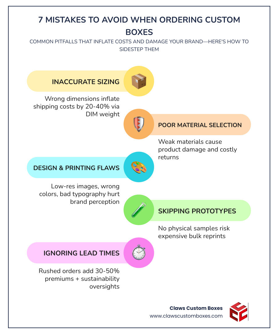 Infographic showing 7 custom box ordering mistakes: sizing, materials, design, prototypes, lead times, sustainability