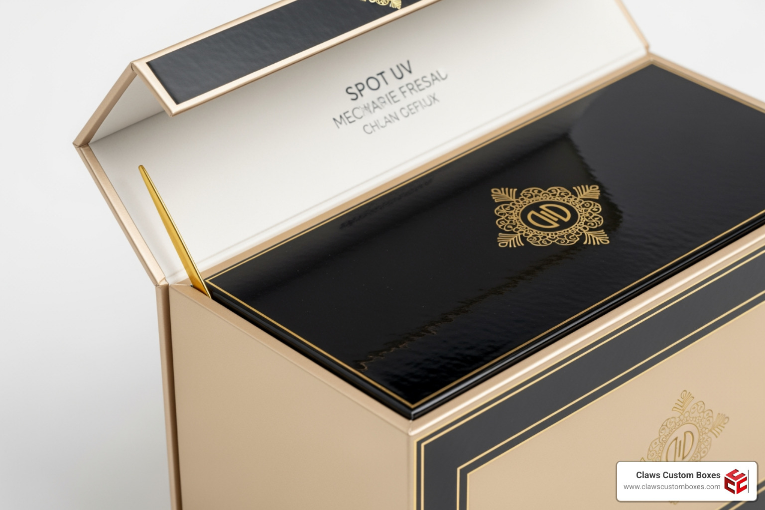 Luxury flip top box finishes featuring spot UV and gold foil stamping Luxury flip top box finishes featuring spot UV and gold foil stamping
