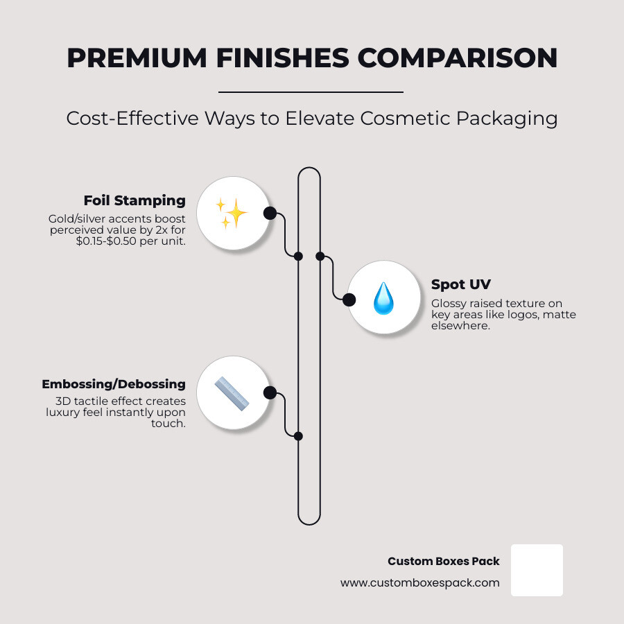 Infographic comparing the cost of different finishes: Spot UV vs Foil Stamping vs Embossing infographic