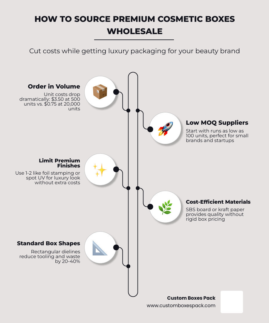 Infographic showing 2026 cosmetic packaging market size, MOQ tiers, unit cost by volume, and top cost-saving strategies