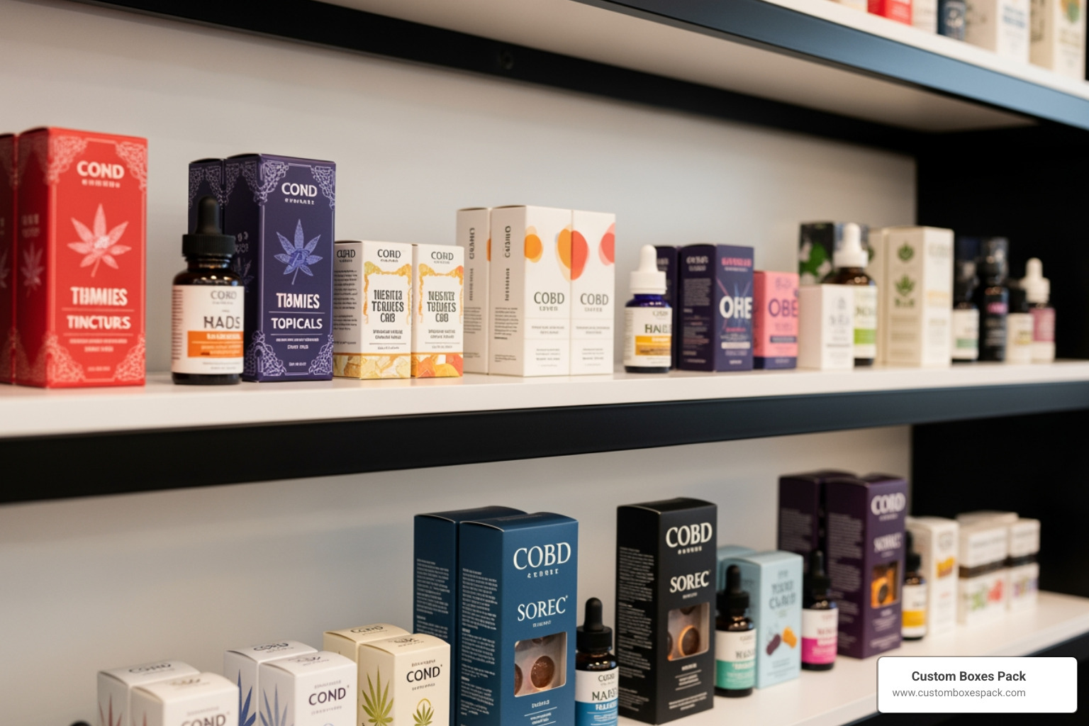 CBD products displayed on a modern retail shelf showing high brand differentiation