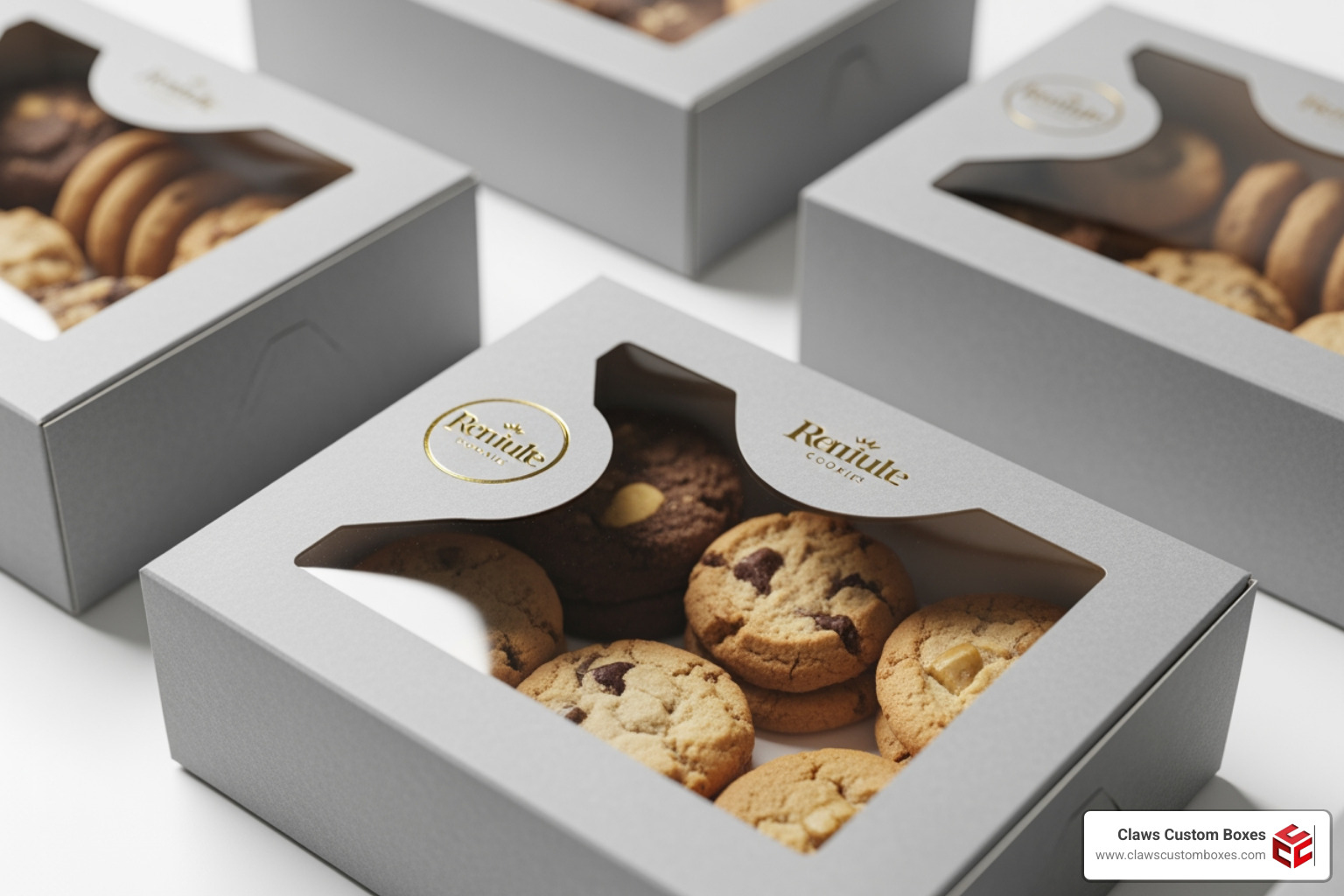 custom cookie boxes with clear windows and gold foil logos