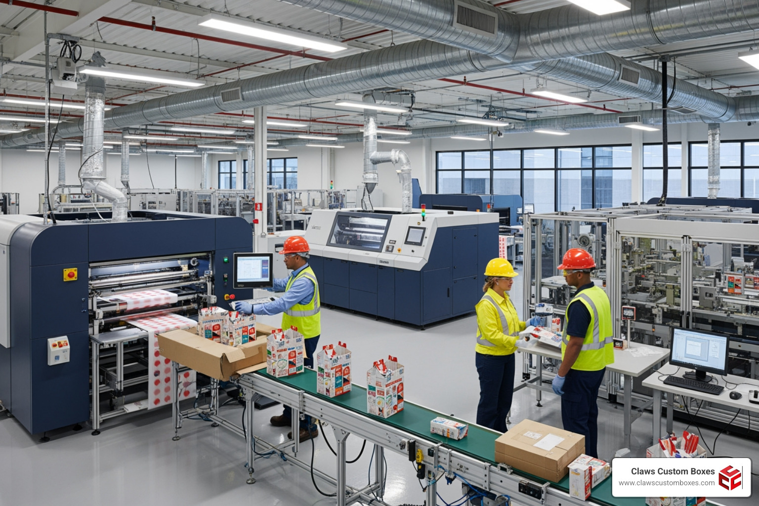 modern US-based packaging production facility with digital printers