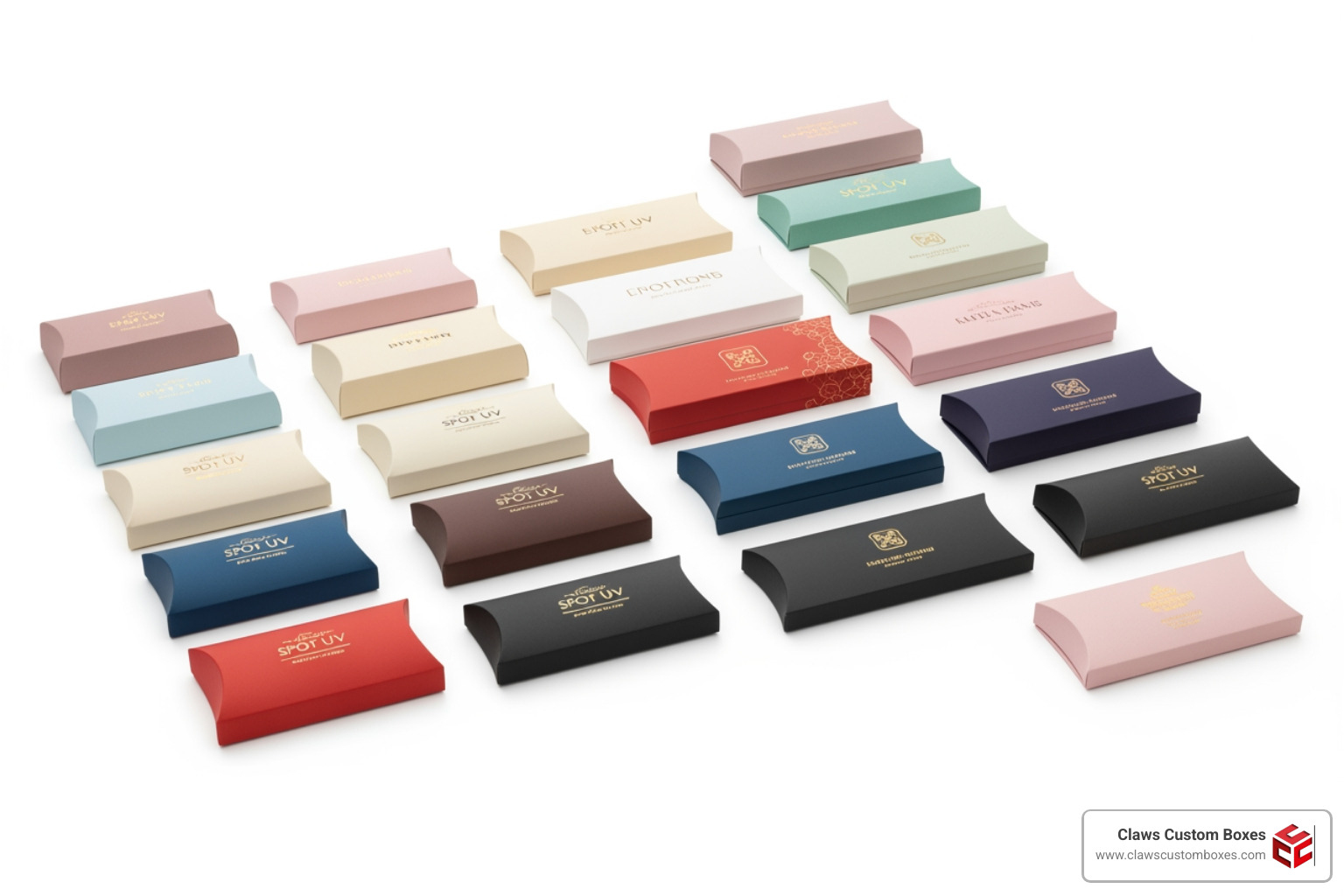Comparison of custom printed pillow boxes in different sizes and finishes