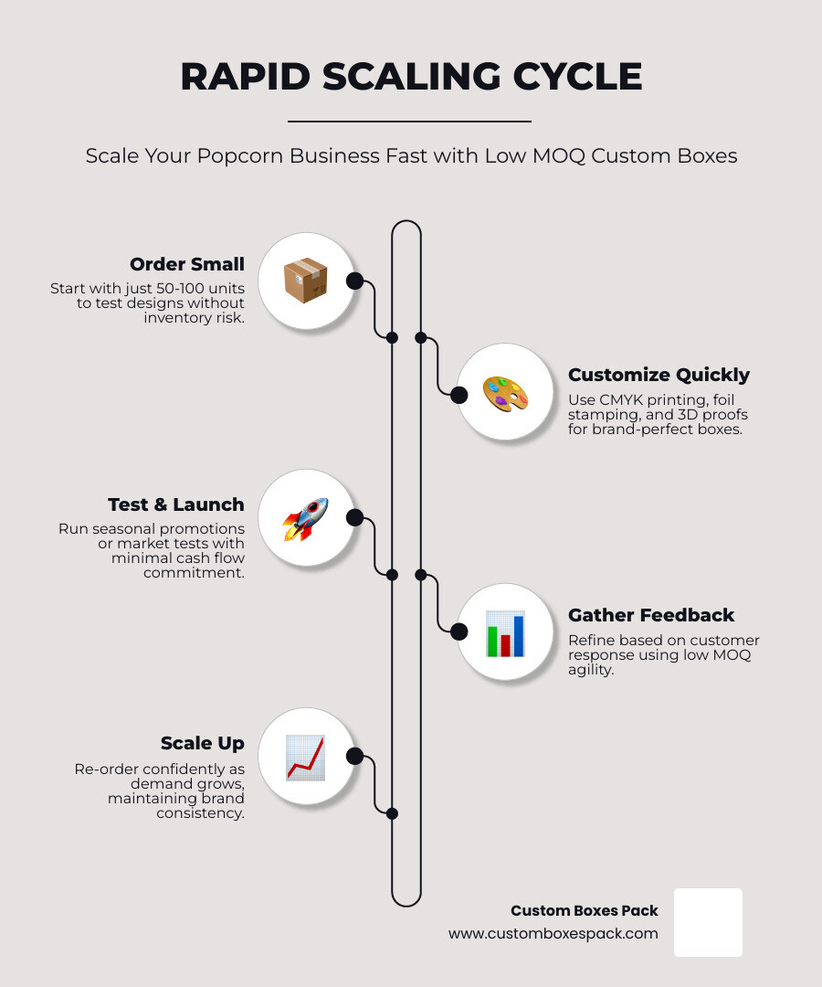Rapid scaling cycle for low MOQ custom popcorn boxes 2026 infographic infographic Rapid scaling cycle for low MOQ custom popcorn boxes 2026 infographic infographic
