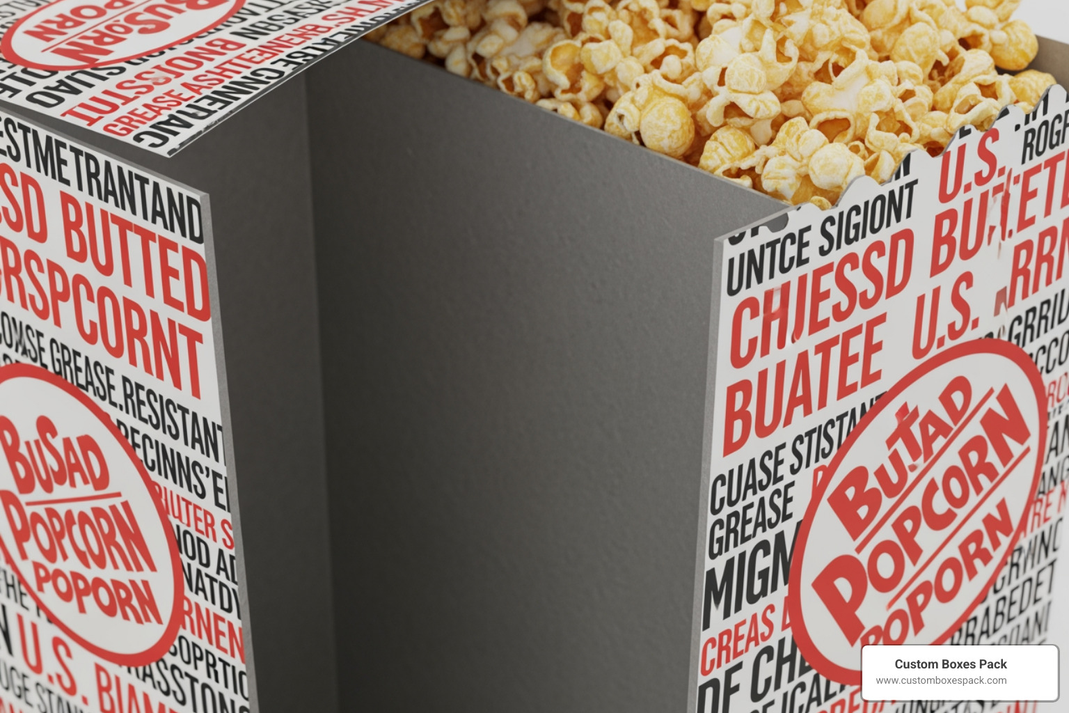 Grease-resistant interior of a custom popcorn box Grease-resistant interior of a custom popcorn box