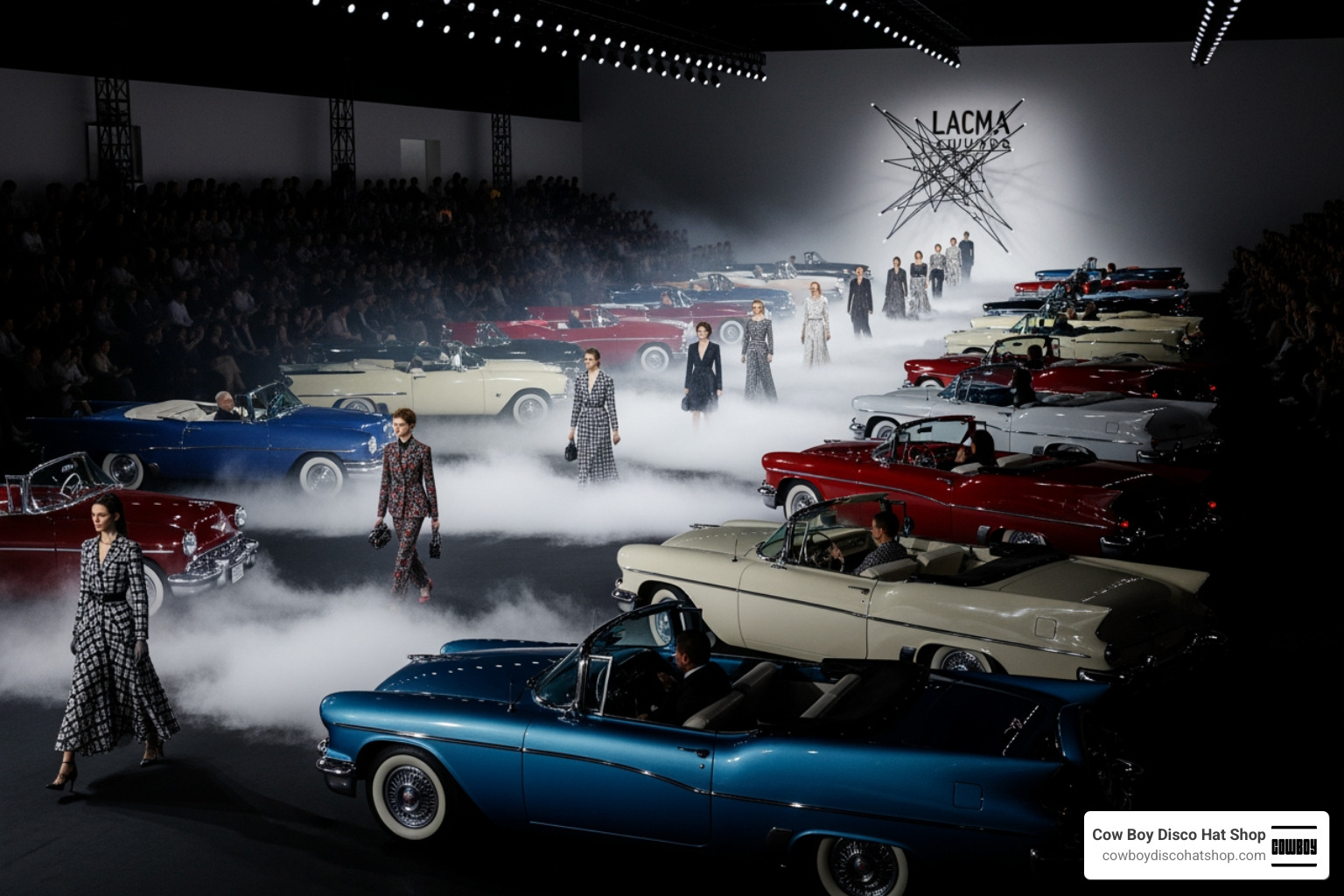 Vintage cars and simulated fog create a noir atmosphere on the Dior runway at LACMA