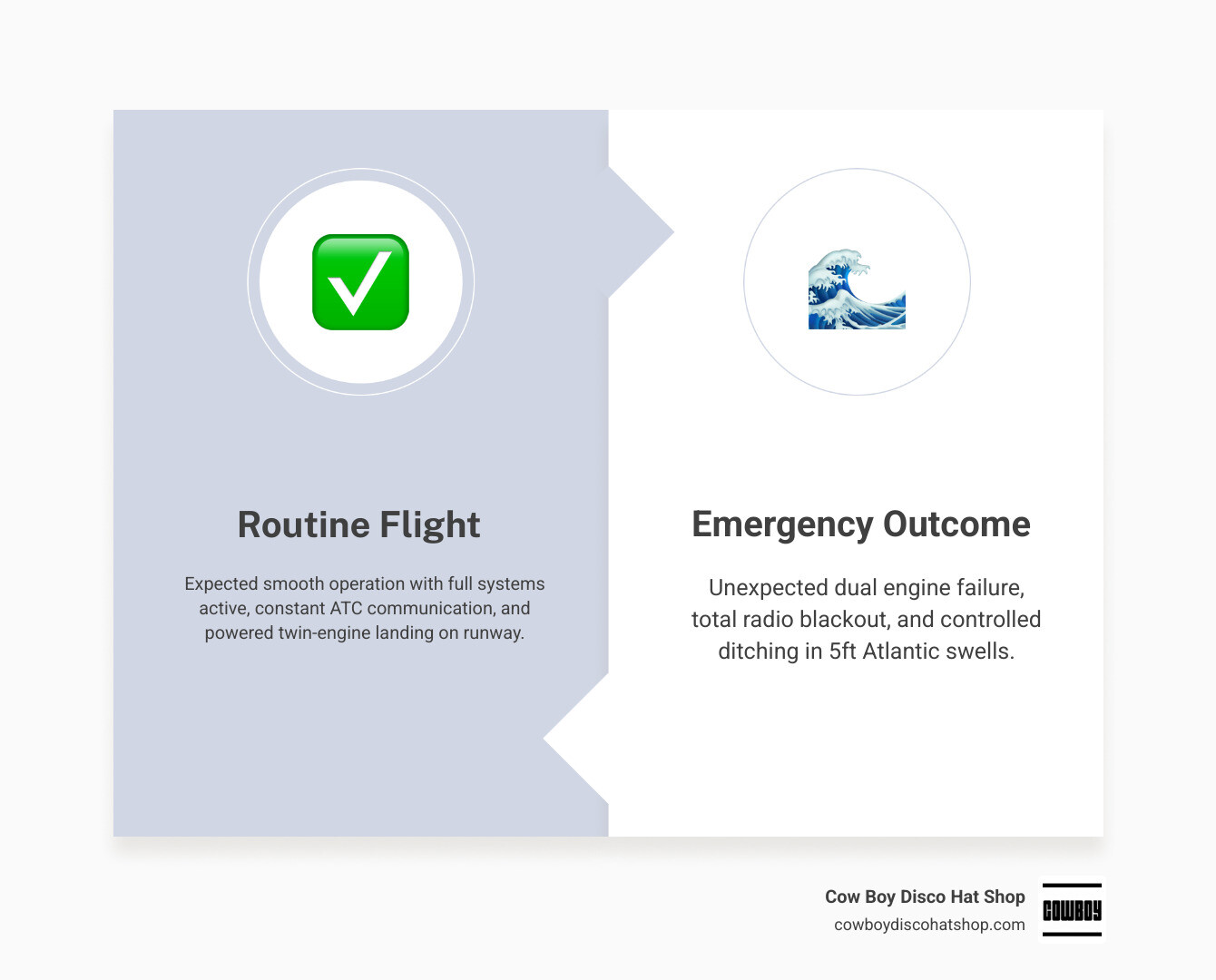 Comparison of routine flight expectations vs. the actual emergency outcome infographic