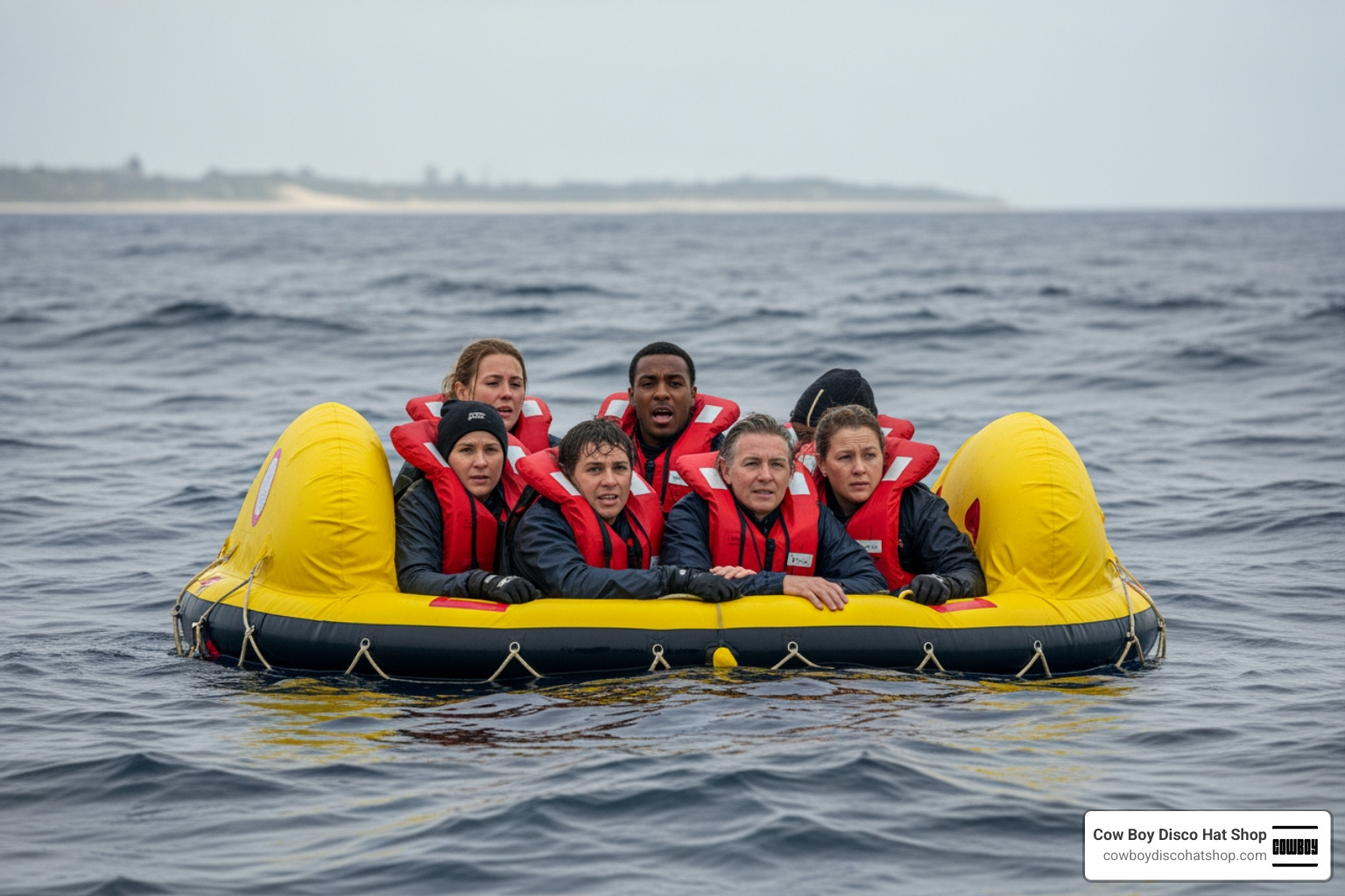 Survivors huddled together on a yellow life raft in the Atlantic