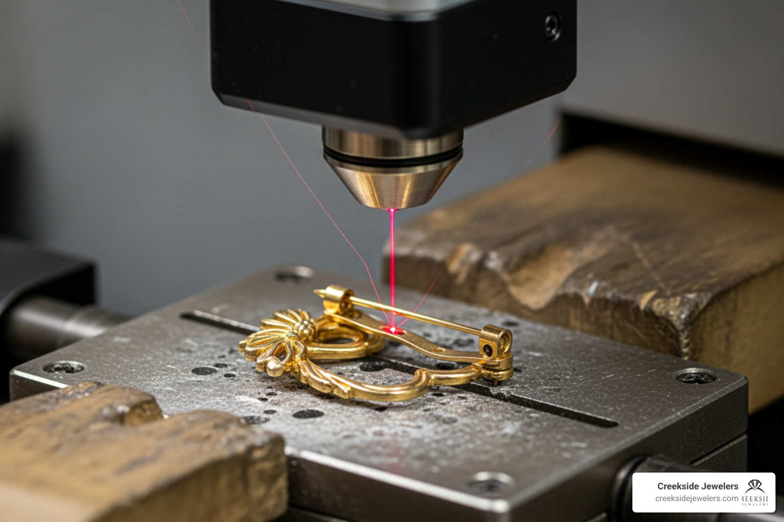 Laser soldering machine performing a precision repair on a gold brooch joint Laser soldering machine performing a precision repair on a gold brooch joint