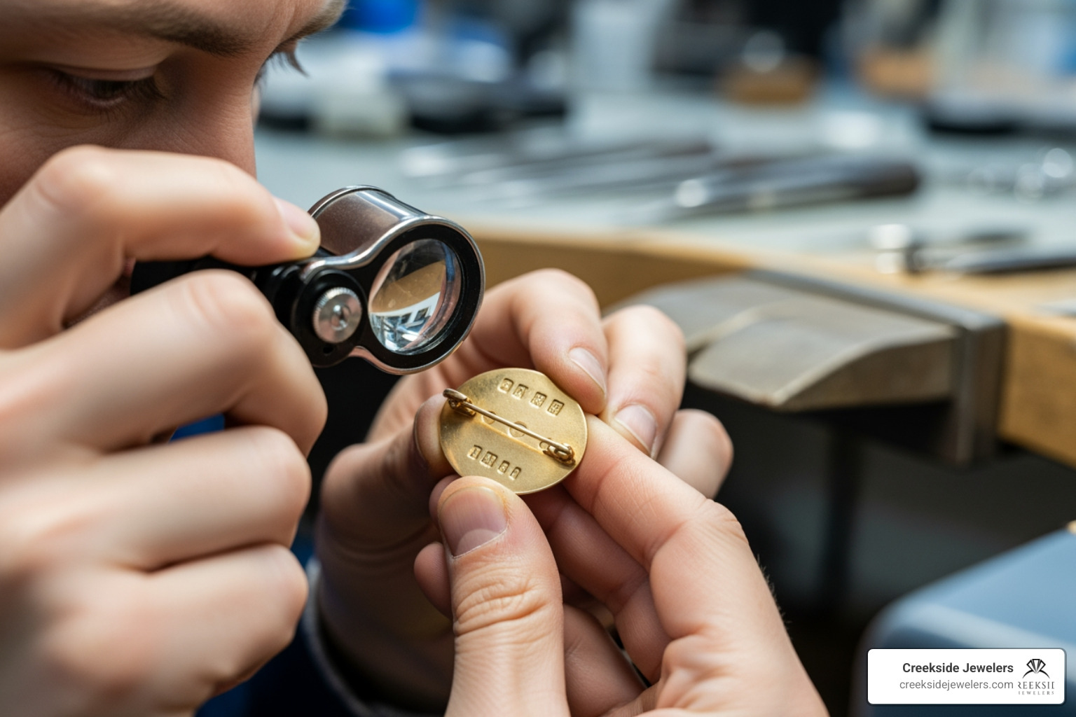 Jeweler using a professional loupe to inspect hallmarks and metal condition Jeweler using a professional loupe to inspect hallmarks and metal condition
