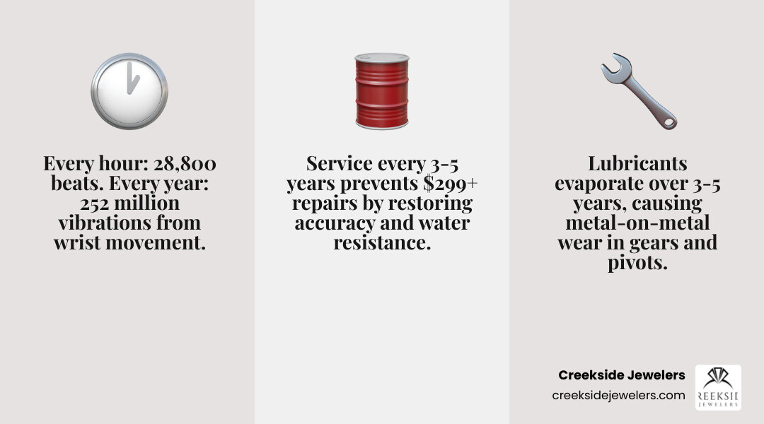 Automatic watch service frequency, cost, signs, and timeline infographic infographic