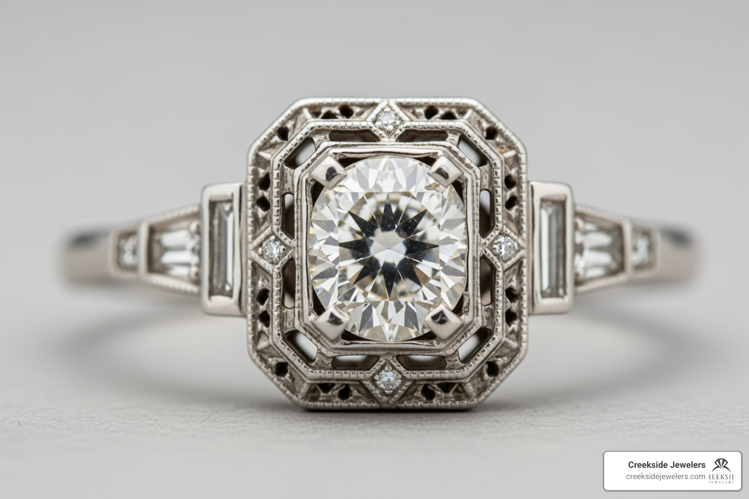 A stunning Art Deco estate solitaire diamond ring featuring intricate metalwork