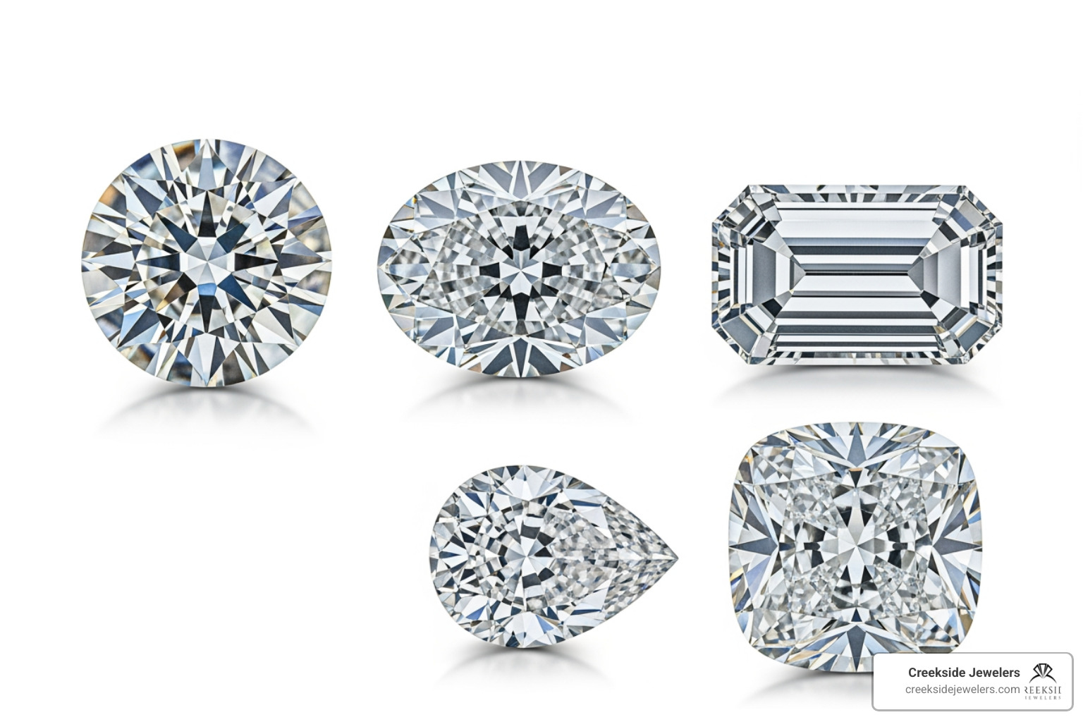 A comparison of popular diamond shapes including Round, Oval, Emerald, Pear, and Cushion cuts