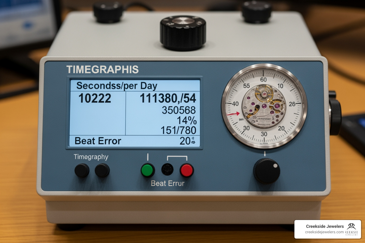 A watch timing machine showing the accuracy and beat error of a mechanical movement