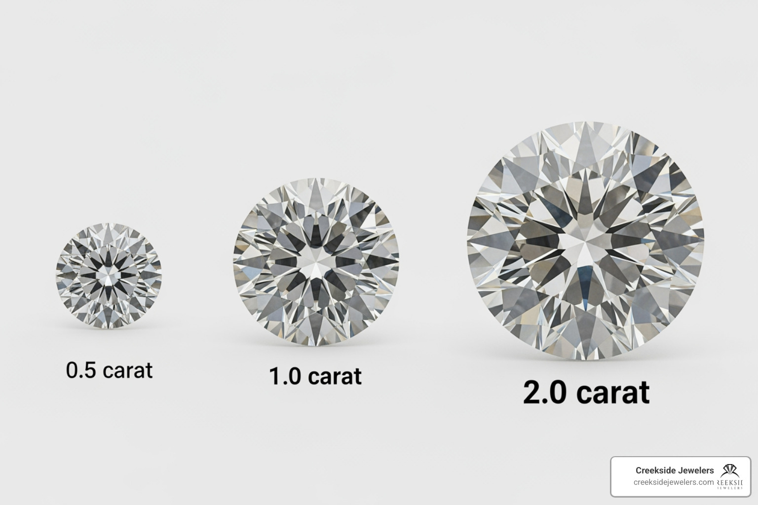 Side-by-side comparison of 0.5ct, 1.0ct, and 2.0ct diamonds showing the visual size difference