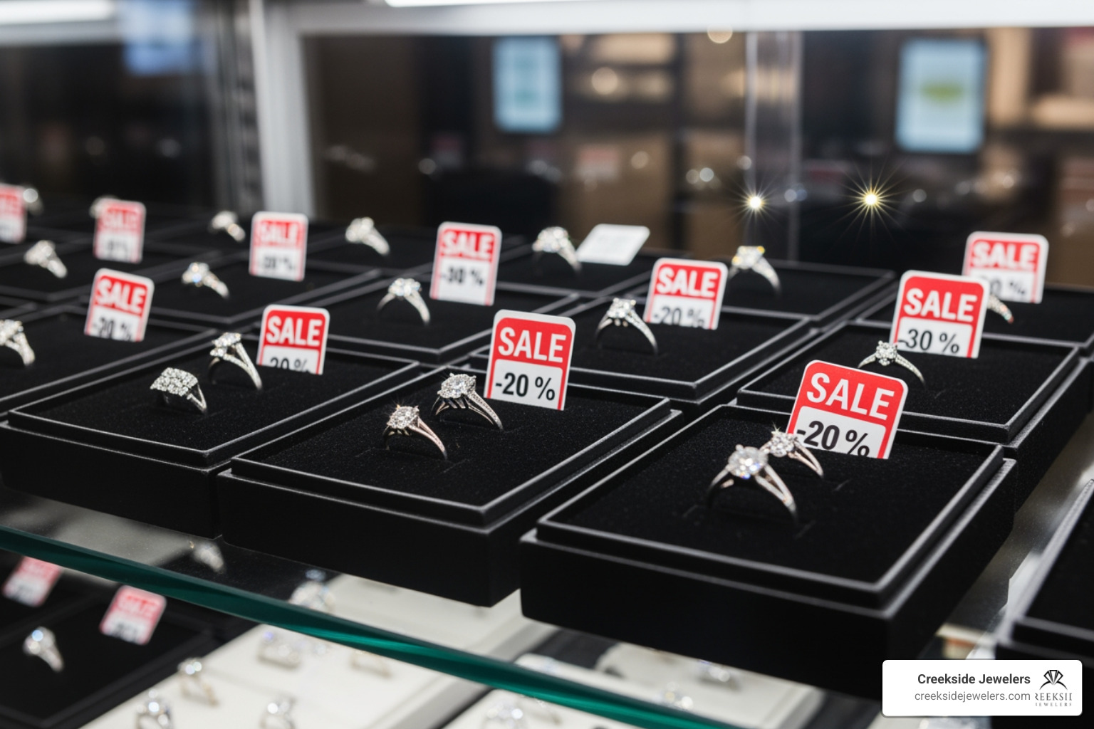 Clearance jewelry display showing discounted diamond rings Clearance jewelry display showing discounted diamond rings