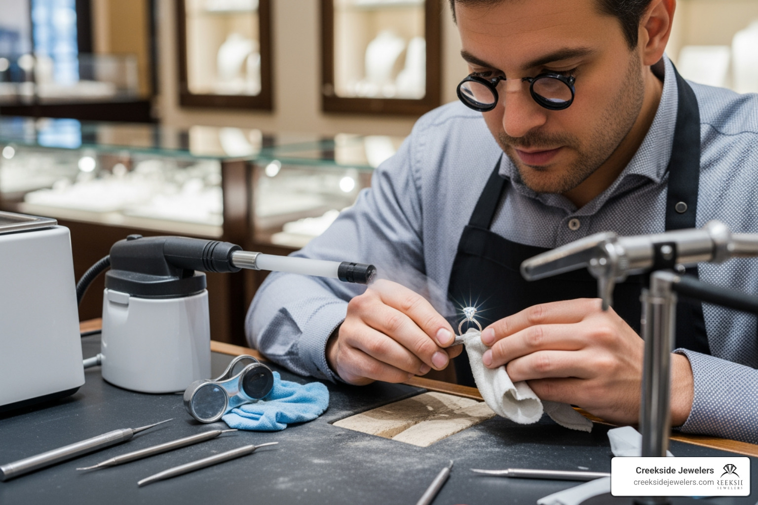 A jeweler performing a professional ring cleaning and inspection A jeweler performing a professional ring cleaning and inspection