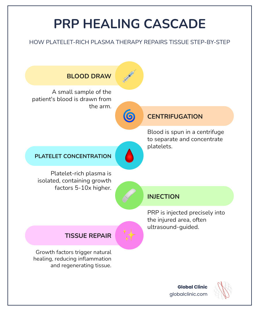Infographic showing the PRP healing cascade: blood draw, centrifugation, platelet concentration, injection, growth factor