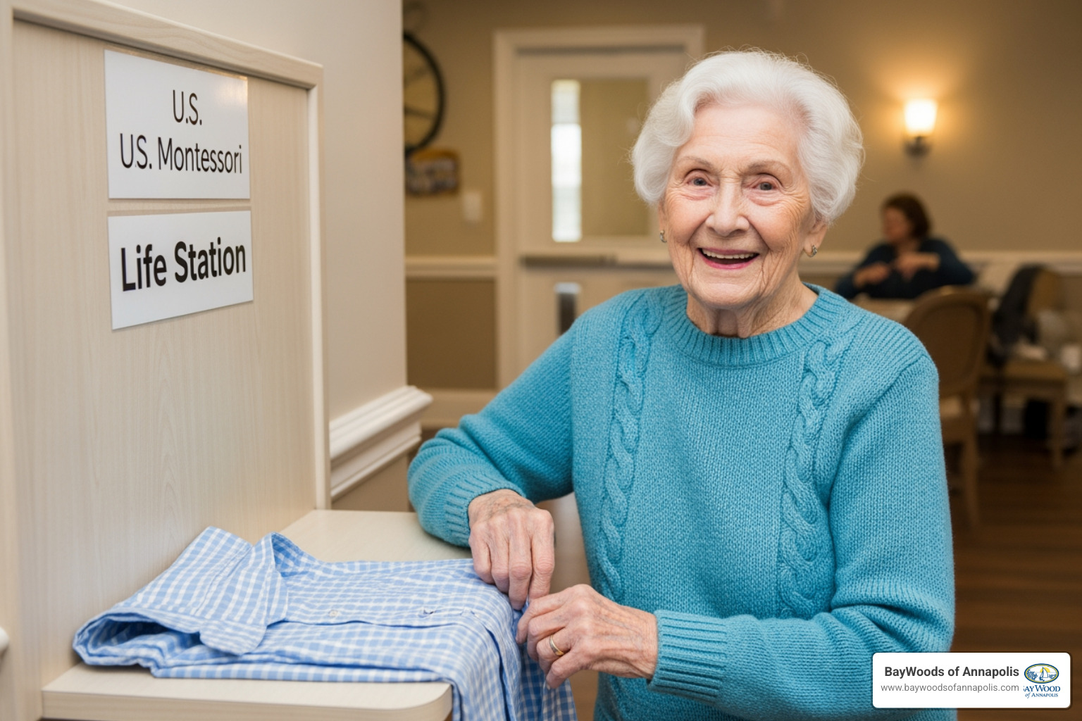 Resident in a Montessori memory care community successfully completing a self-care task with a smile Resident in a Montessori memory care community successfully completing a self-care task with a smile
