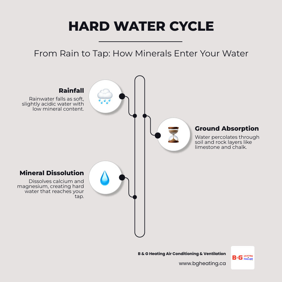 Hard water cycle infographic from rainfall through ground absorption to mineral-laden tap water infographic Hard water cycle infographic from rainfall through ground absorption to mineral-laden tap water infographic